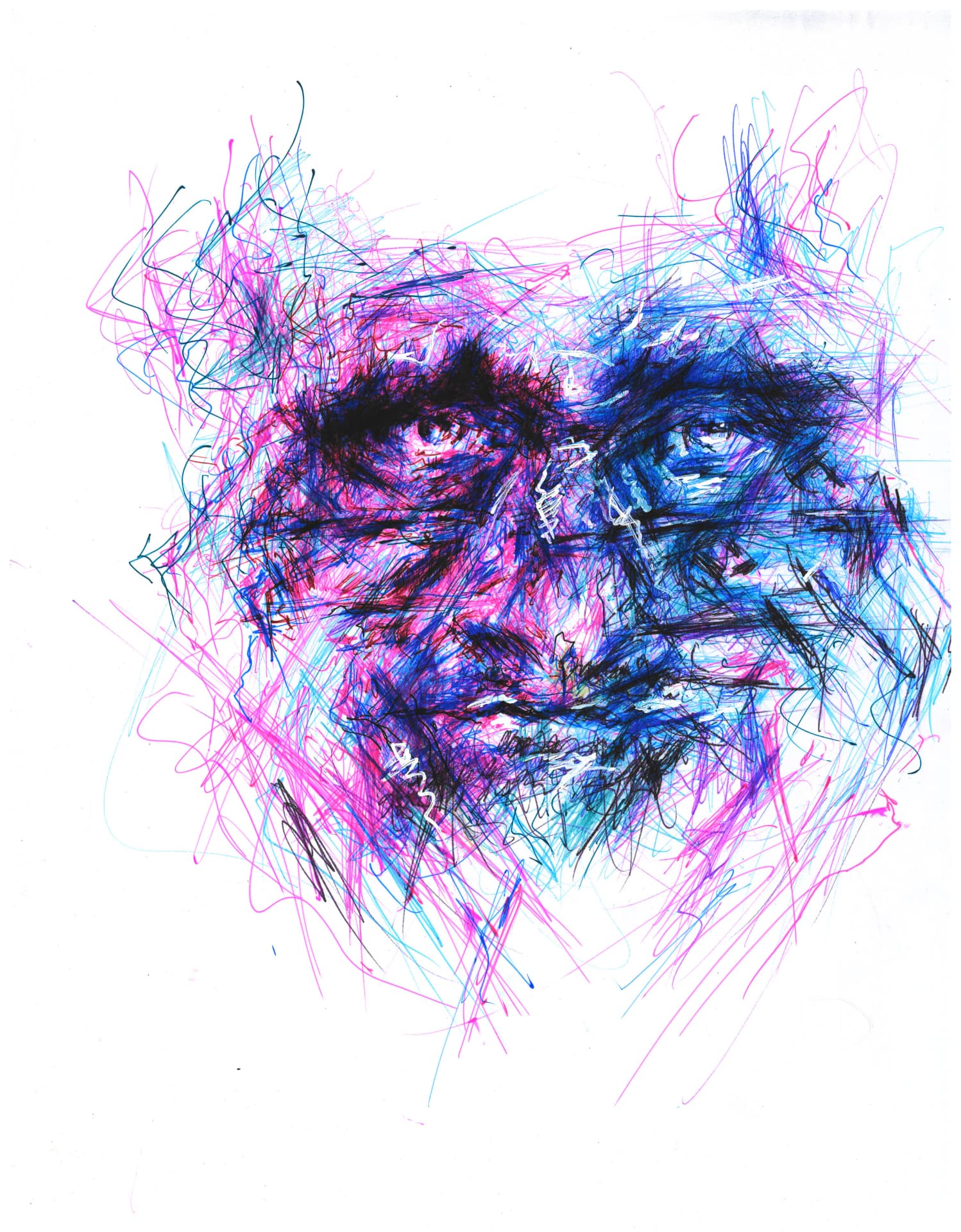 Portrait in Blue & Magenta, Mixed media on paper